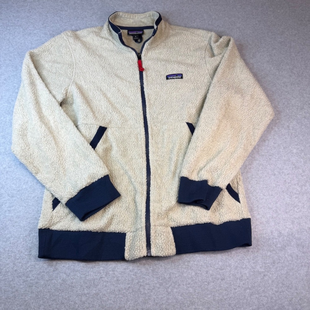 Patagonia Retro Pile Fleece Jacket Mens Medium Cream Navy Blue Full Zip 22801